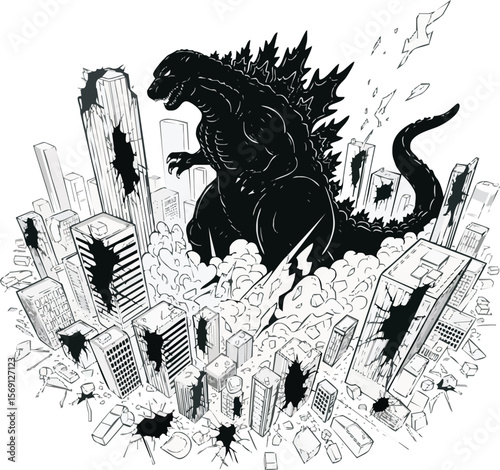 Giant monster wreaks havoc, destroying city buildings with destructive force.