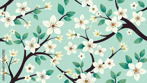 Vector art of graceful white cherry blossoms spread across dark branches on a light bluegreen canvas