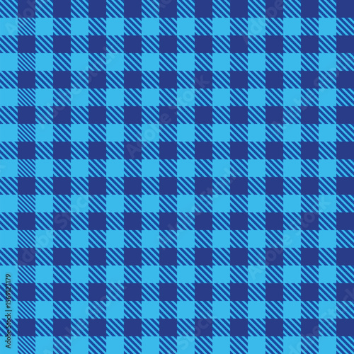 Seamless vector pattern with blue and navy gingham squares with diagonal stripes suitable for boys fashion, winter themes, festive wrapping, cold season decor, classic checkered textile, background