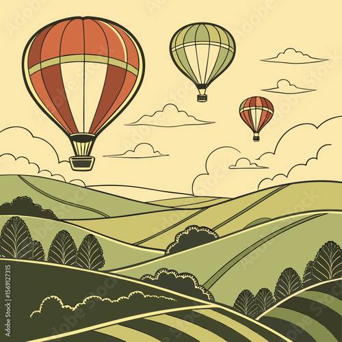 Illustration of hot air balloons floating over a green landscape with rolling hills and scattered clouds