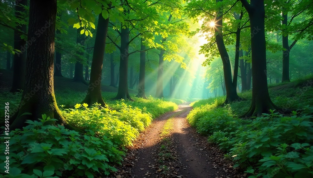 Obraz premium Sun-Dappled Path Winding Through a Lush Green Forest An Enchanting Journey to the Unknown