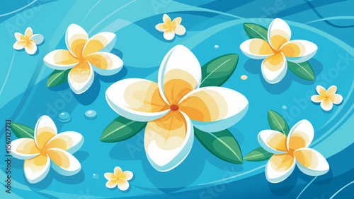 Vector art of white and yellow plumeria flowers float serenely on blue rippling water