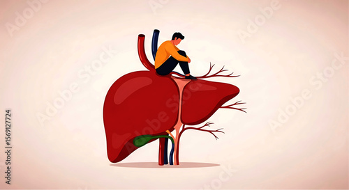 Illustrated Liver with Person: Anatomical Organ, Health, and Human Figure