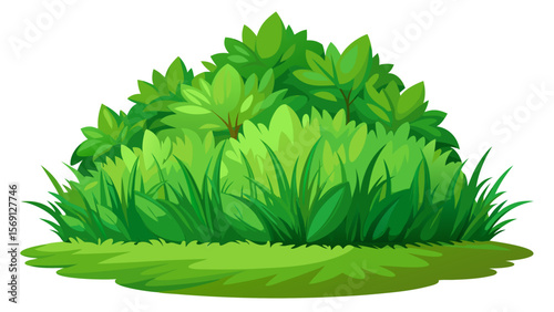 Vector art of a green leafy bush with grass isolated on white background