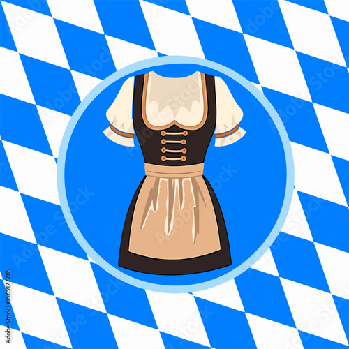From the series "oktoberfest", Bavarian dirndl on the background of traditional bavarian pattern with blue and white dimonds