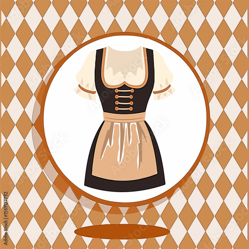 From the series "oktoberfest", Bavarian dirndl on the background of traditional bavarian pattern with brown dimonds