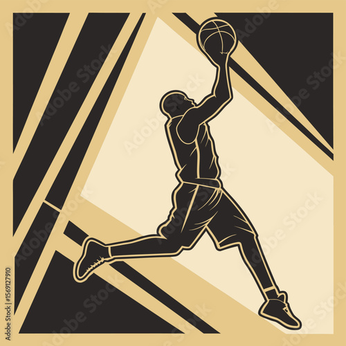 Silhouette of a basketball player jumping with a ball against a geometric background design art
