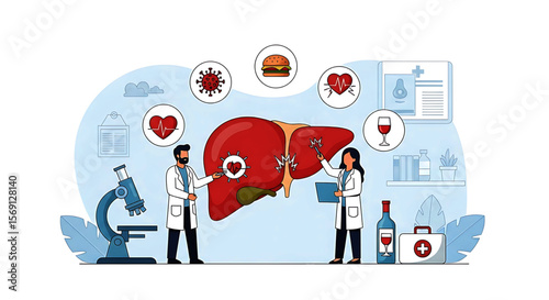 Liver Health Illustration: Doctors Examining Organ with Virus, Food, and Alcohol Icons