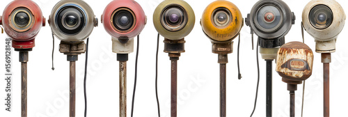 Surveillance State: A Lineup of Retro Security Cameras on Black Backdrop