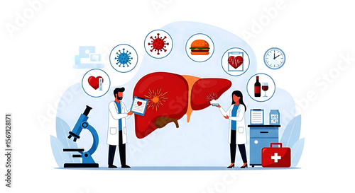 Illustrated Human Liver with Medical Professionals and Health Icons