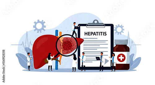 Detailed Illustration of a Human Liver with Hepatitis Virus Under Magnification
