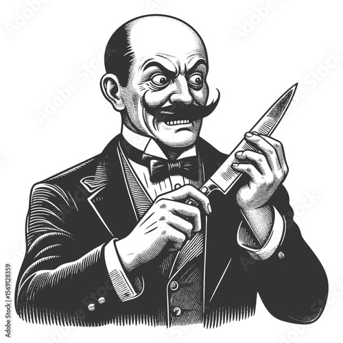 Funny wild-eyed Victorian gentleman gripping a large kitchen knife with intense and unsettling enthusiasm sketch engraving generative ai fictional character vector illustration. Black and white.