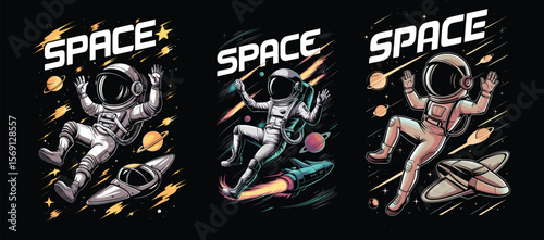 Astronauts floating in colorful cosmic expanse space