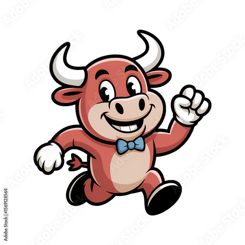 Cheerful cartoon bull character running joyfully in a playful design with a bow tie and happy expression