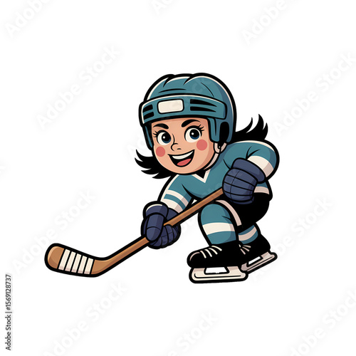Young girl skating and playing hockey with a puck on the ice in a joyful setting