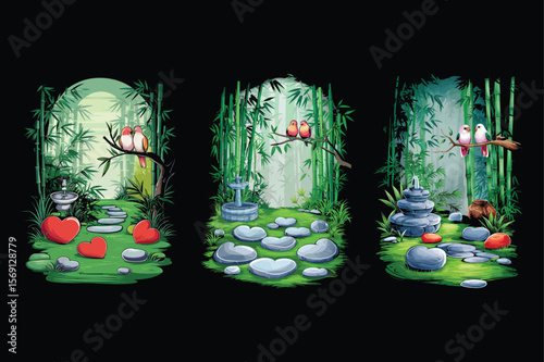 Bamboo garden with birds and hearts fountain