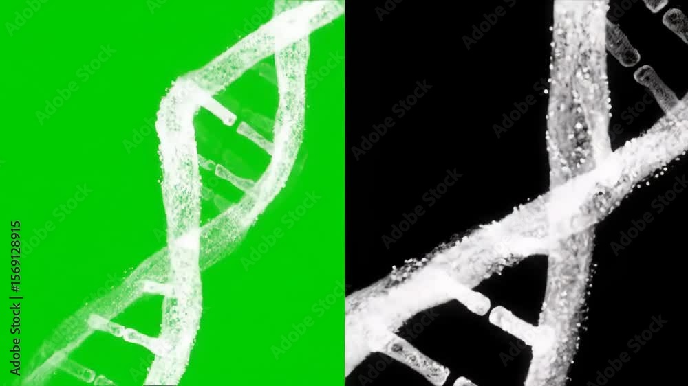 Double helix DNA structure, split view,  green and black backgrounds