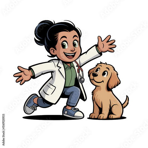 Cheerful young veterinarian interacting with a friendly dog in a playful manner indoors