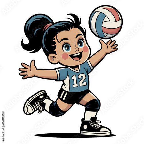 Young girl joyfully playing volleyball in sporty outfit, showcasing excitement and energy during game time