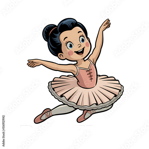 Cheerful young girl performing a ballet leap in a pink tutu costume during a dance class in a bright studio