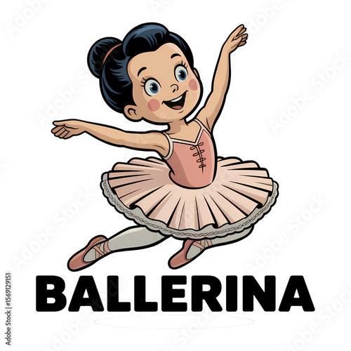 Cheerful young girl performing a ballet leap in a pink tutu costume during a dance class in a bright studio