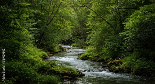 Serene Creek Flowing Through Lush Green Forest