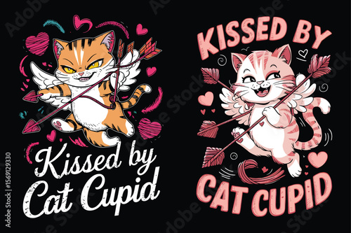 Orange and pink cats with cupid wings and arrows valentine