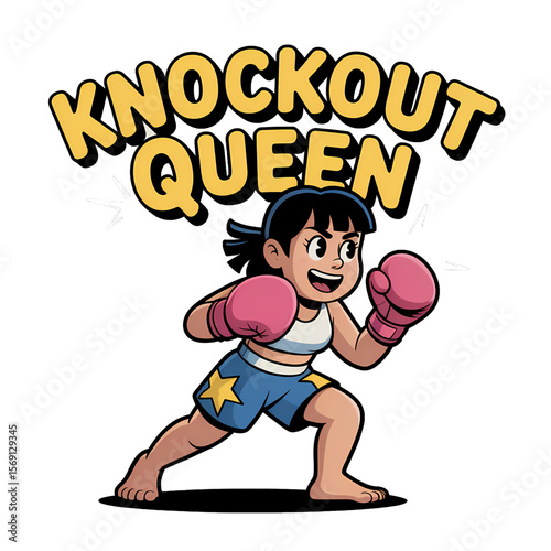 Empowering illustration of a confident young girl boxing with enthusiasm and a strong message promoting girl power
