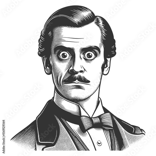 man with wide eyes and puckered lips, expressing shock or amazement in vintage attire sketch engraving generative ai fictional character vector illustration. Scratch board imitation. Black and white.