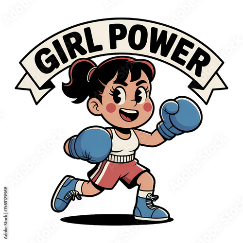 Empowering illustration of a confident young girl boxing with enthusiasm and a strong message promoting girl power