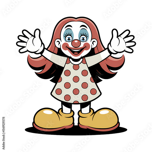 Cheerful clown with polka dot dress and vibrant hair welcomes children at a festive event