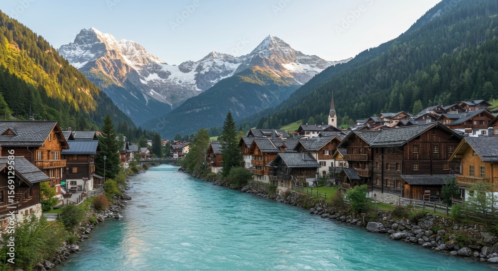 Fototapeta premium Charming Alpine Village nestled in majestic mountains
