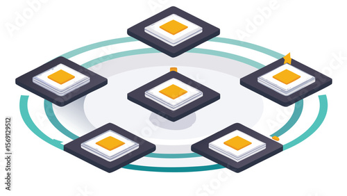 Isometric illustration of interconnected platforms with central data processing network