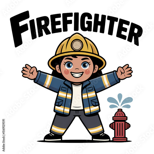 Young firefighter character running in a playful pose, showcasing enthusiasm and bravery in a bright outfit