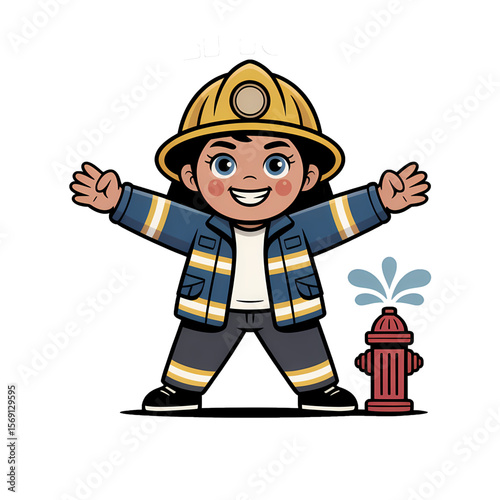 Young firefighter character running in a playful pose, showcasing enthusiasm and bravery in a bright outfit