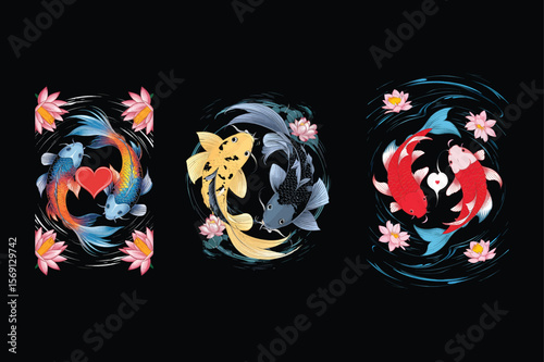 Koi fish swimming with lotus flowers water aquatic