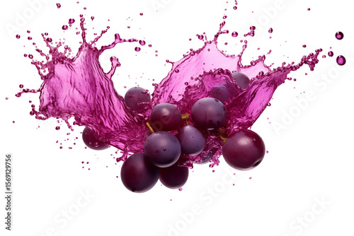 Purple grapes with splashing juice, isolated on transparent background.