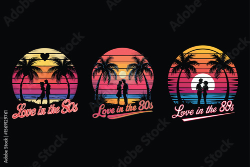 Couple embracing on beach at sunset palm trees ocean