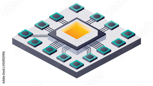 Isometric illustration of a processor with yellow center and surrounding green components on a board