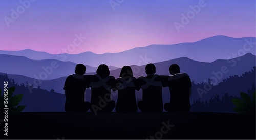 Five Silhouetted Figures Embrace, Mountain Sunset View
