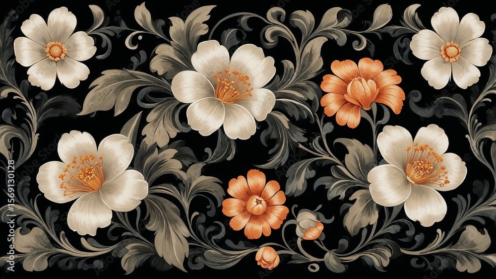custom made wallpaper toronto digitalTraditional Zhostovo painting style on black background, graceful floral ornament in bright vector design for elegant presentation