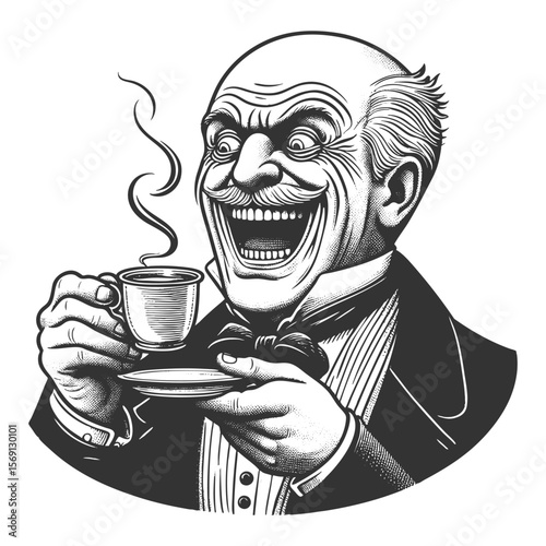 Funny excited man holding a cup of coffee, with a wide open mouth expression sketch engraving generative ai fictional character vector illustration. Scratch board imitation. Black and white image.