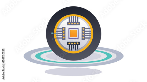 Illustration of a circular chip with an orange square center and a circular platform below it