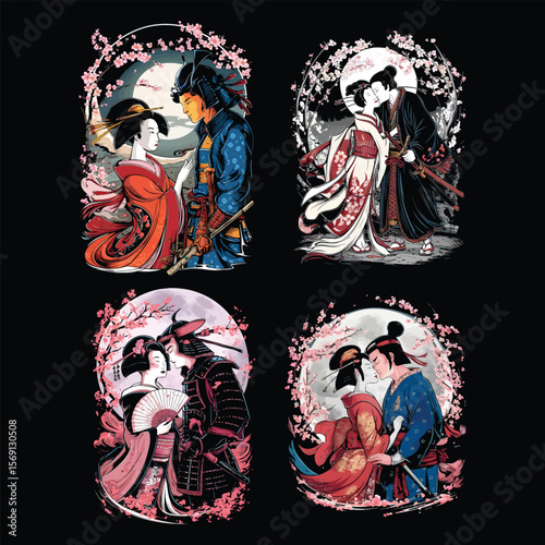Samurai geisha romance cherry blossoms moon vector