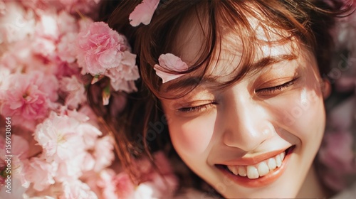 Joyful Woman Among Pink Flowers