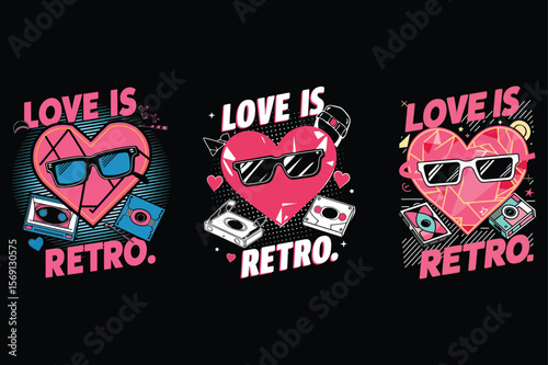 Pink hearts with sunglasses and retro audio equipment