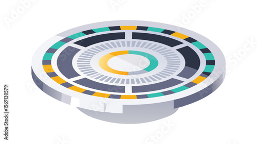 Isometric view of a circular platform with colorful segments and radial lines on a white background