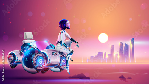 A girl motorcyclist in futuristic protection and helmet sits on a fantastic vehicle that looks like a flying motorcycle outside the city against the background of a desert landscape on sunset. Biker.
