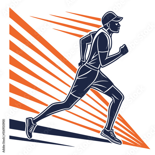 Illustration of a runner with cap in motion against a background of orange and navy radiating lines