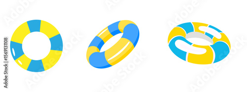 3D Inflatable swimming ring in Blue icon set. Rubber pool toy. Swim lifesaver. Summer time objects. Travel and vacation. Cartoon design icons isolated 